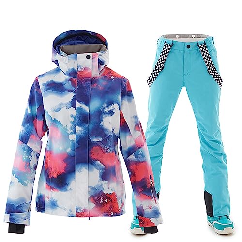 ALSOGO Damen Skianzug Schneeanzug Winddicht Wasserdicht Skifahren Snowboardjacke Trägerhose Set Zum Skifahren Snowboarden Klettern SMNHua+Blue M von ALSOGO