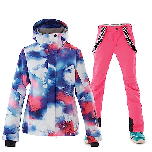 ALSOGO Damen Skianzug Schneeanzug Winddicht Wasserdicht Skifahren Snowboardjacke Trägerhose Set Zum Skifahren Snowboarden Klettern SMNHua+Pink L von ALSOGO