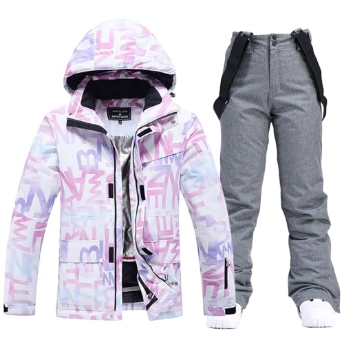 ALSOGO Damen Skijacke & Skihose Set Skianzug 2 teilig Schneeanzug Wasserdicht Schneejacke Winddichte Schneehose mit Abnehmbare Kapuzen Trägern zum Skifahren Snowboarden TY304 Grau M von ALSOGO