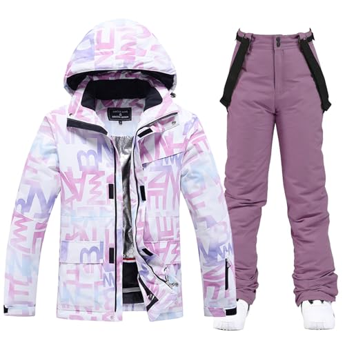 ALSOGO Damen Skijacke & Skihose Set Skianzug 2 teilig Schneeanzug Wasserdicht Schneejacke Winddichte Schneehose mit Abnehmbare Kapuzen Trägern zum Skifahren Snowboarden TY304 Lila S von ALSOGO