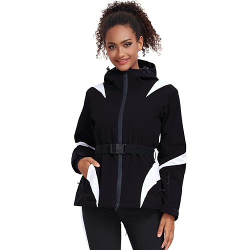 ALSOGO Damen Skijacken Wasserdicht Isoliert Snowboard Berg Kapuzen Schnee Mantel Jacke mit Gürtel Schwarz L von ALSOGO