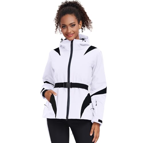 ALSOGO Damen Skijacken Wasserdicht Isoliert Snowboard Berg Kapuzen Schnee Mantel Jacke mit Gürtel Weiß M von ALSOGO