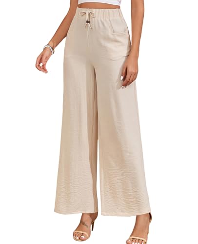 ALSOGO Damen Weite Hose Elegant Breite Hosen High Waist Taille Drawstring Lounge Lang Palazzo Hose mit Taschen Beige M von ALSOGO