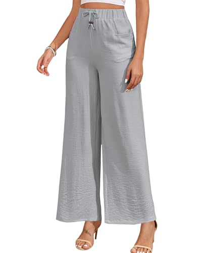ALSOGO Damen Weite Hose Elegant Breite Hosen High Waist Taille Drawstring Lounge Lang Palazzo Hose mit Taschen Grau 2XL von ALSOGO