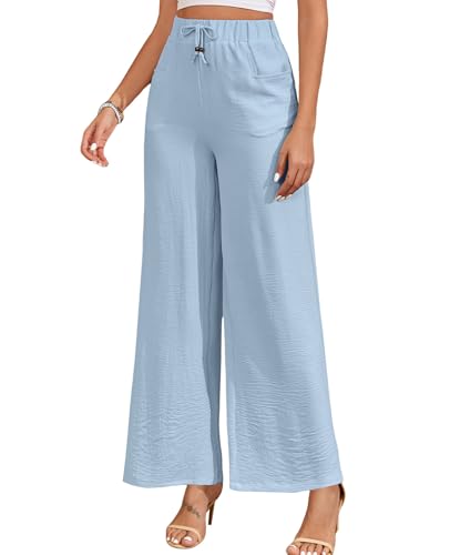 ALSOGO Damen Weite Hose Elegant Breite Hosen High Waist Taille Drawstring Lounge Lang Palazzo Hose mit Taschen Hellblau S von ALSOGO