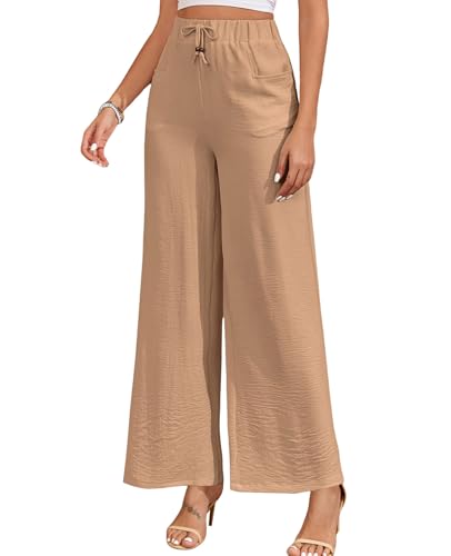 ALSOGO Damen Weite Hose Elegant Breite Hosen High Waist Taille Drawstring Lounge Lang Palazzo Hose mit Taschen Khaki XL von ALSOGO