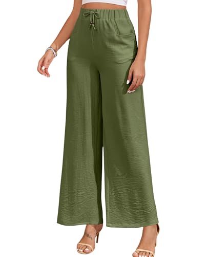 ALSOGO Damen Weite Hose Elegant Breite Hosen High Waist Taille Drawstring Lounge Lang Palazzo Hose mit Taschen Olivgrün M von ALSOGO