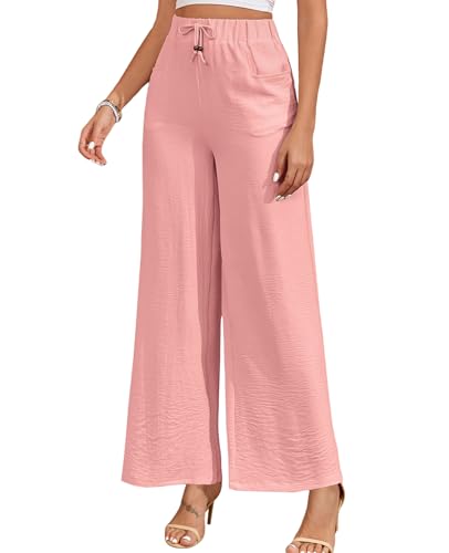ALSOGO Damen Weite Hose Elegant Breite Hosen High Waist Taille Drawstring Lounge Lang Palazzo Hose mit Taschen Rosa XL von ALSOGO