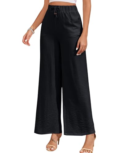 ALSOGO Damen Weite Hose Elegant Breite Hosen High Waist Taille Drawstring Lounge Lang Palazzo Hose mit Taschen Schwarz XL von ALSOGO