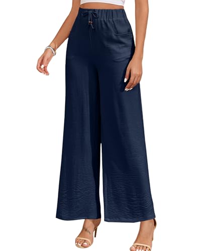 ALSOGO Damen Weite Hose Elegant Breite Hosen High Waist Taille Drawstring Lounge Lang Palazzo Hose mit Taschen zartes Blau 2XL von ALSOGO