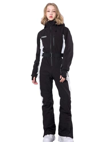 ALSOGO Einteiliger Skianzug für Damen, Skioverall wasserdichter Schneeanzug mit abnehmbarer Pelzkragen Mantel Gürtel, Warm Isoliert Skibekleidung für Outdoor Winter Skifahren Snowboard Schwarz M von ALSOGO