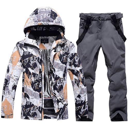 ALSOGO Herren Skijacke & Skihose Set Skianzug 2 teilig Schneeanzug 10.000mm Wasserdicht Schneejacke Warm Winterjacke mit Abnehmbare Kapuzen zum Skifahren Snowboarden Schneehose TY231 Grau 2XL von ALSOGO