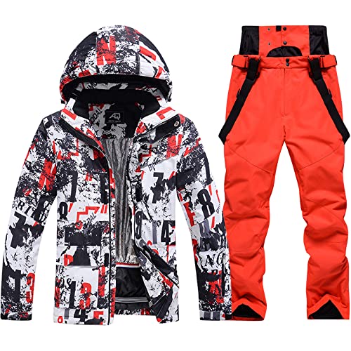 ALSOGO Herren Skijacke & Skihose Set Skianzug 2 teilig Schneeanzug 10.000mm Wassersäule Atmungsaktiv Schneeanzug Winddichte Schneehose mit Abnehmbare Kapuzen zum Skifahren Snowboarden von ALSOGO