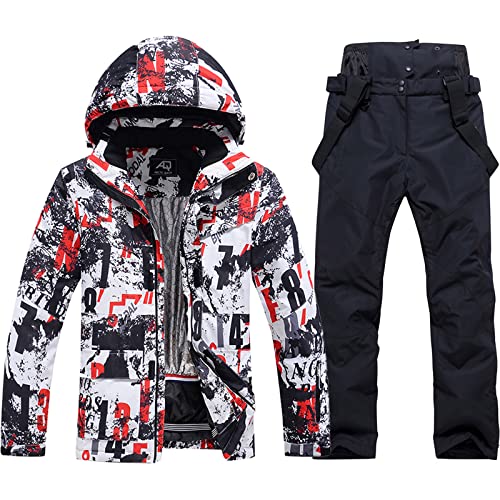 ALSOGO Herren Skijacke & Skihose Set Skianzug 2 teilig Schneeanzug 10.000mm Wassersäule Atmungsaktiv Schneeanzug Winddichte Schneehose mit Abnehmbare Kapuzen zum Skifahren Snowboarden von ALSOGO