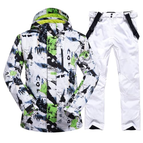 ALSOGO Herren Ski Jacke und Hosen Set Ski Anzug Winter Wasserdicht Winddicht Kapuze Schneemantel 2-Stücke Snowboard Sets 336-gr-White M von ALSOGO