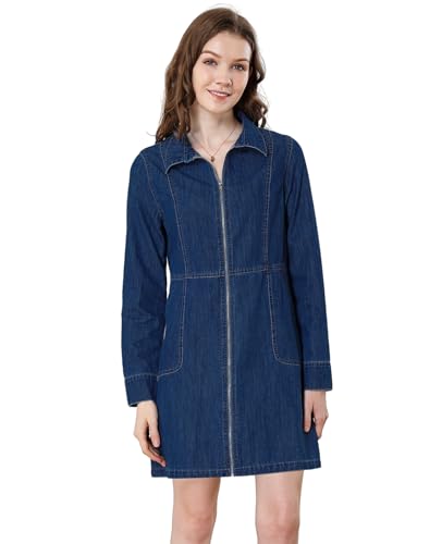 ALSOGO Jeanskleid Damen Sommer Langarm Jeanshemd Kleid Elegant Blusenkleid Hemdkleid Shirtkleid Zipper Tunikakleider Oben mit Taschen Tiefblau S von ALSOGO