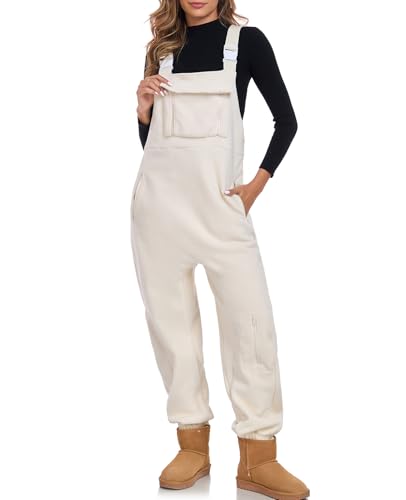 ALSOGO Jumpsuits für Damen Lässiger Latzhose Arbeitshose Fleece Warme Overalls Casual Work Winter Latzhosen mit Taschen Beige XL von ALSOGO