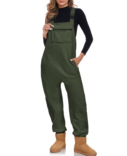 ALSOGO Jumpsuits für Damen Lässiger Latzhose Arbeitshose Fleece Warme Overalls Casual Work Winter Latzhosen mit Taschen Grün 2XL von ALSOGO