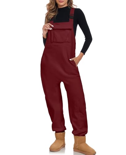 ALSOGO Jumpsuits für Damen Lässiger Latzhose Arbeitshose Fleece Warme Overalls Casual Work Winter Latzhosen mit Taschen Rot M von ALSOGO