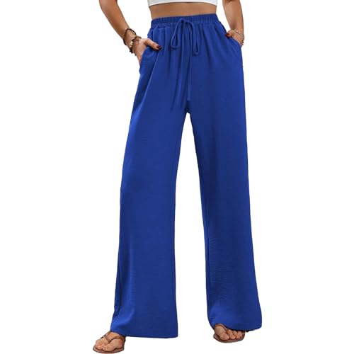 ALSOGO Weite Hose Damen Elegant Breite Hosen High Waist Lose Sommer Palazzo Hose Dehnbar Lounge Lang mit Taschen Blau XL von ALSOGO