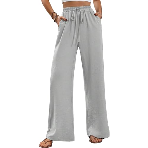 ALSOGO Weite Hose Damen Elegant Breite Hosen High Waist Lose Sommer Palazzo Hose Dehnbar Lounge Lang mit Taschen Grau,L von ALSOGO