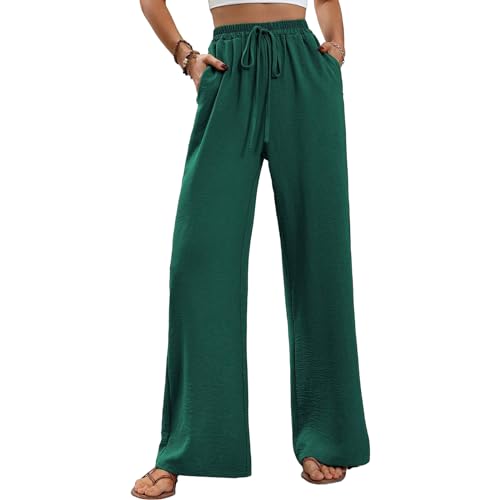 ALSOGO Weite Hose Damen Elegant Breite Hosen High Waist Lose Sommer Palazzo Hose Dehnbar Lounge Lang mit Taschen Grün L von ALSOGO