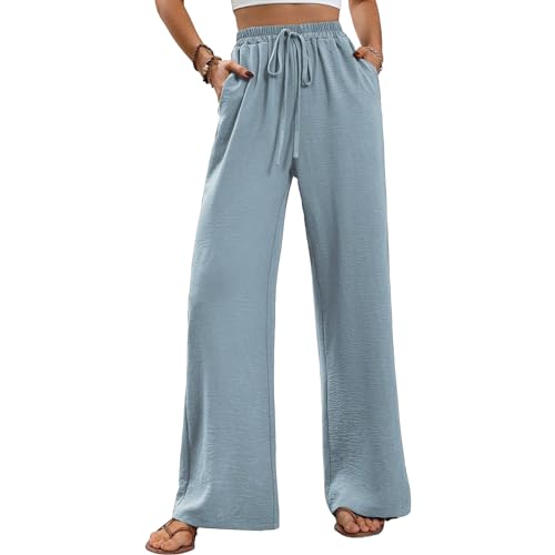 ALSOGO Weite Hose Damen Elegant Breite Hosen High Waist Lose Sommer Palazzo Hose Dehnbar Lounge Lang mit Taschen Hellblau M von ALSOGO