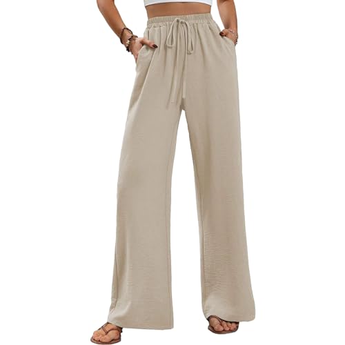 ALSOGO Weite Hose Damen Elegant Breite Hosen High Waist Lose Sommer Palazzo Hose Dehnbar Lounge Lang mit Taschen Apricot 2XL von ALSOGO