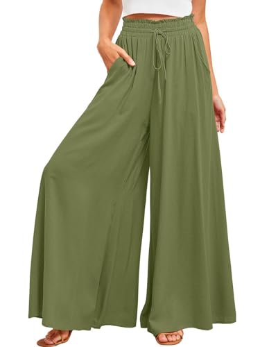 ALSOGO Weite Hosen Damen-Lässig Locker Hohe Taille Palazzo Elegante Einfarbig Hose mit Tasche Kordelzug Armee Grün XXL von ALSOGO