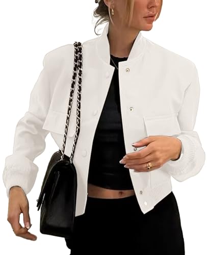 Bomberjacke Damen Jacke Casual Übergangsjacke Langarm Solid Leichte Coat Kurze Blouson Pilotenjacke Weiß S von ALSOGO