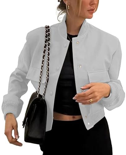 Bomberjacke Damen Jacke Casual Übergangsjacke Langarm Solid Leichte Coat Kurze Blouson Pilotenjacke Grau L von ALSOGO