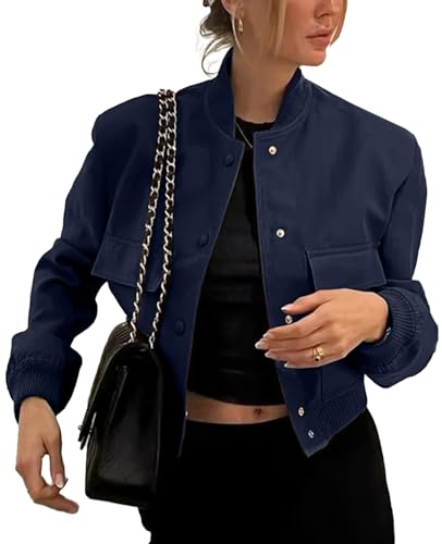 Bomberjacke Damen Jacke Casual Übergangsjacke Langarm Solid Leichte Coat Kurze Blouson Pilotenjacke Navyblau M von ALSOGO