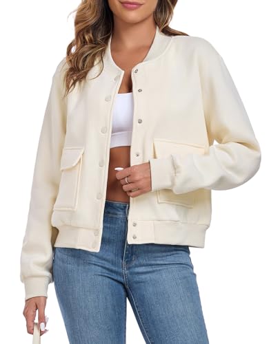Cropped-Bomberjacke für Damen Übergangsjacke Langarm Solid Leichte Coat Kurze Blouson Pilotenjacke Casual Mantel mit Taschen Beige XS von ALSOGO