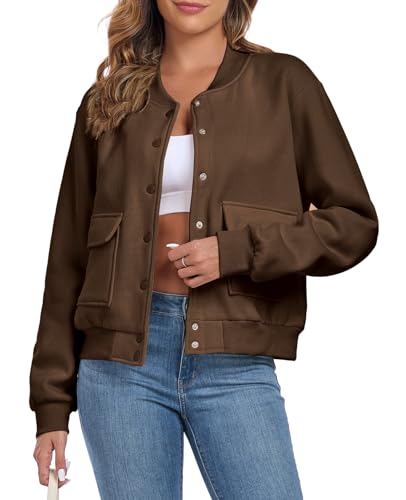 Cropped-Bomberjacke für Damen Übergangsjacke Langarm Solid Leichte Coat Kurze Blouson Pilotenjacke Casual Mantel mit Taschen Braun M von ALSOGO
