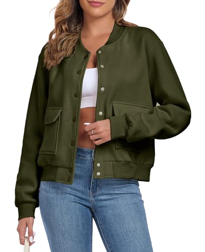 Cropped-Bomberjacke für Damen Übergangsjacke Langarm Solid Leichte Coat Kurze Blouson Pilotenjacke Casual Mantel mit Taschen Grün XL von ALSOGO