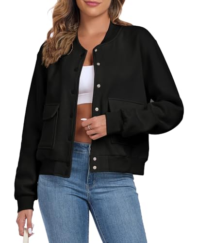 Cropped-Bomberjacke für Damen Übergangsjacke Langarm Solid Leichte Coat Kurze Blouson Pilotenjacke Casual Mantel mit Taschen Schwarz L von ALSOGO