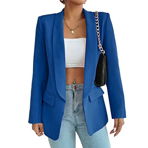 Damen Blazer Langer Casual Open Front Blazer Arbeit Büro Jacken mit Taschen Blau L von ALSOGO