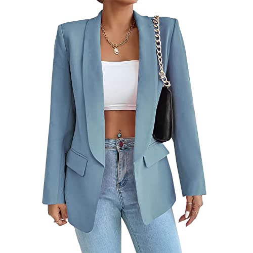 Damen Blazer Langer Casual Open Front Blazer Arbeit Büro Jacken mit Taschen Hellblau M von ALSOGO