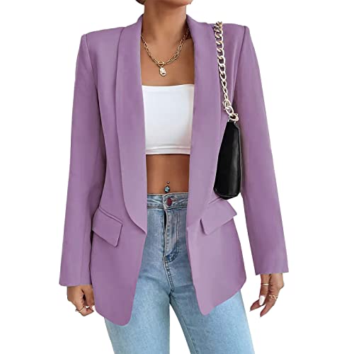 Damen Blazer Langer Casual Open Front Blazer Arbeit Büro Jacken mit Taschen Violett L von ALSOGO