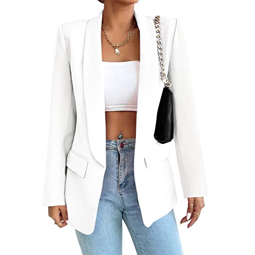 Damen Blazer Langer Casual Open Front Blazer Arbeit Büro Jacken mit Taschen Weiß L von ALSOGO