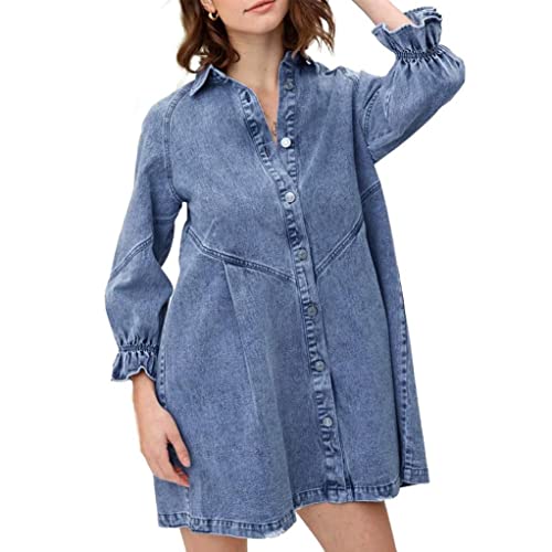 Jeanskleider Damen Blusenkleid Denim Babydoll Rock 3/4 Lange Ärmel Button Down T-Shirt Kleider Lose Hemdkleid Casual Jeanshemd Knielang Midikleid Shirtkleid Lang Tunikakleider Oberteil Blau XS von ALSOGO