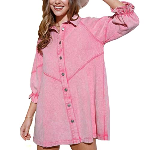 Jeanskleider Damen Blusenkleid Denim Babydoll Rock 3/4 Lange Ärmel Button Down T-Shirt Kleider Lose Hemdkleid Casual Jeanshemd Knielang Midikleid Shirtkleid Lang Tunikakleider Oberteil Rosa L von ALSOGO