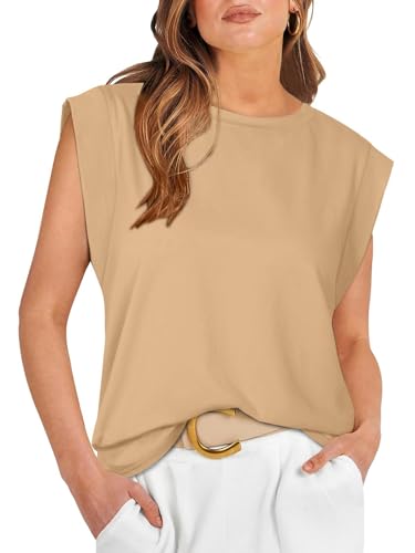 Tshirt Damen Sommer Elegant T-Shirt Kurzarm Oberteile Rundhals Basic Leichte Tops Bluse Aprikose L von ALSOGO