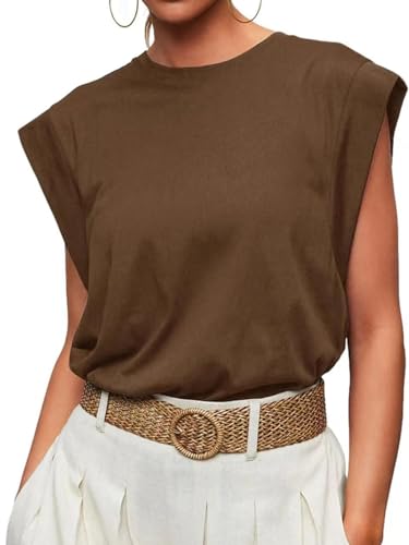 Tshirt Damen Sommer Elegant T-Shirt Kurzarm Oberteile Rundhals Basic Leichte Tops Bluse Kaffee XXL von ALSOGO