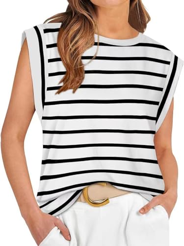 Tshirt Damen Sommer Elegant T-Shirt Kurzarm Oberteile Rundhals Basic Leichte Tops Bluse Streifen-Weiß S von ALSOGO