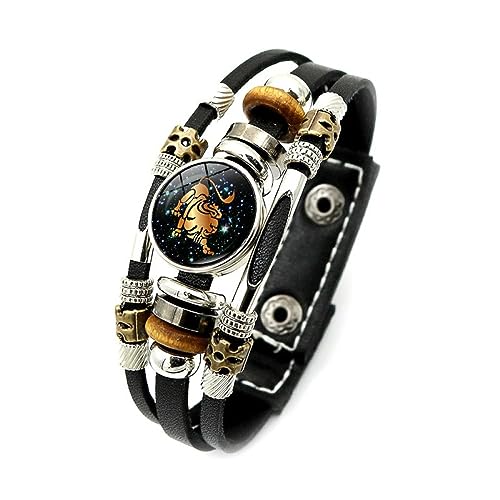 12 Constellation Leuchtendes Armband - Männer Frauen Paare Geburtstagsgeschenk Retro Punk Leder Perlen Sternzeichen Armreif,Charm Chic Schmuck Zeit Edelstein Armband Freundschaft Geschenke,Löwe von ALTCIRNMD