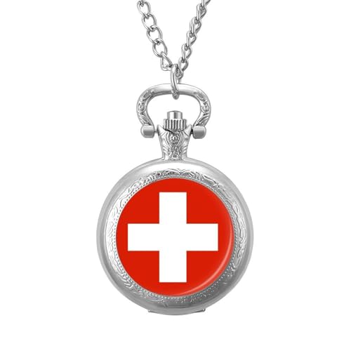 Retro/Vintage Mechanische Taschenuhr,Schlichtes Weißes Kreuz,Schweiz-Flagge,Runde Anhänger-Halskette Für Herren Und Damen – Geschenk Zum Geburtstag,Jahrestag,Weihnachten,Vatertag,Silber,3,5 Cm von ALTCIRNMD