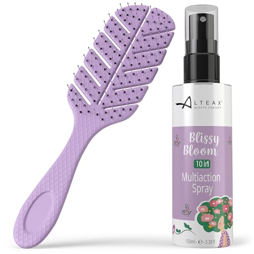 Altéax Blissy Bloom Haarbürste zum Entwirren der Haare mit Anti-Verknotungsborsten + Entwirrungs-Spray 100 ml – Glättungsbürste für das Haar, ideal zum Entwirren der Haare (violett) von ALTÉAX