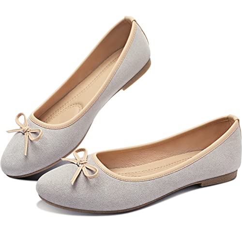 ALTOCIS Damen-Ballerinas aus Wildlederimitat, leger, runder Zehenbereich, Schleife, Slipper, Memory-Schaum, Textil, elegante flache Schuhe, niedliche Fliege, Knoten, Beige1, 40.5 EU von ALTOCIS