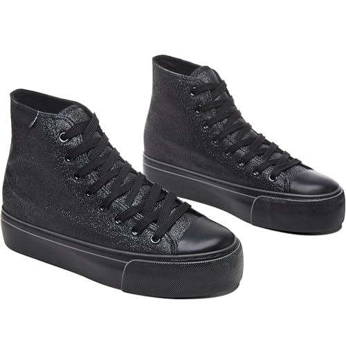 ALTOCIS High-Top-Glitzer-Sneaker, mittelhoch, Plateau, glitzernde Pailletten, niedlich, glänzend, modische Sneaker, glitzernde Plateau-Wanderschuhe, Komplett schwarzer Glitzer, 37.5 EU von ALTOCIS